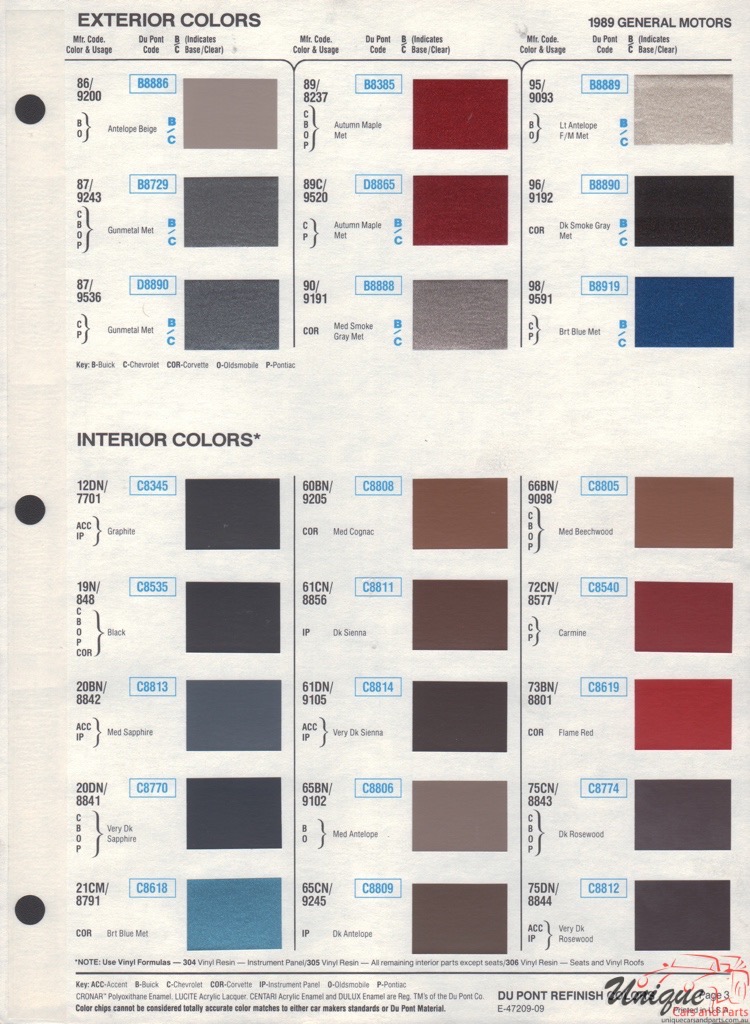 1989 General Motors Paint Charts DuPont 3